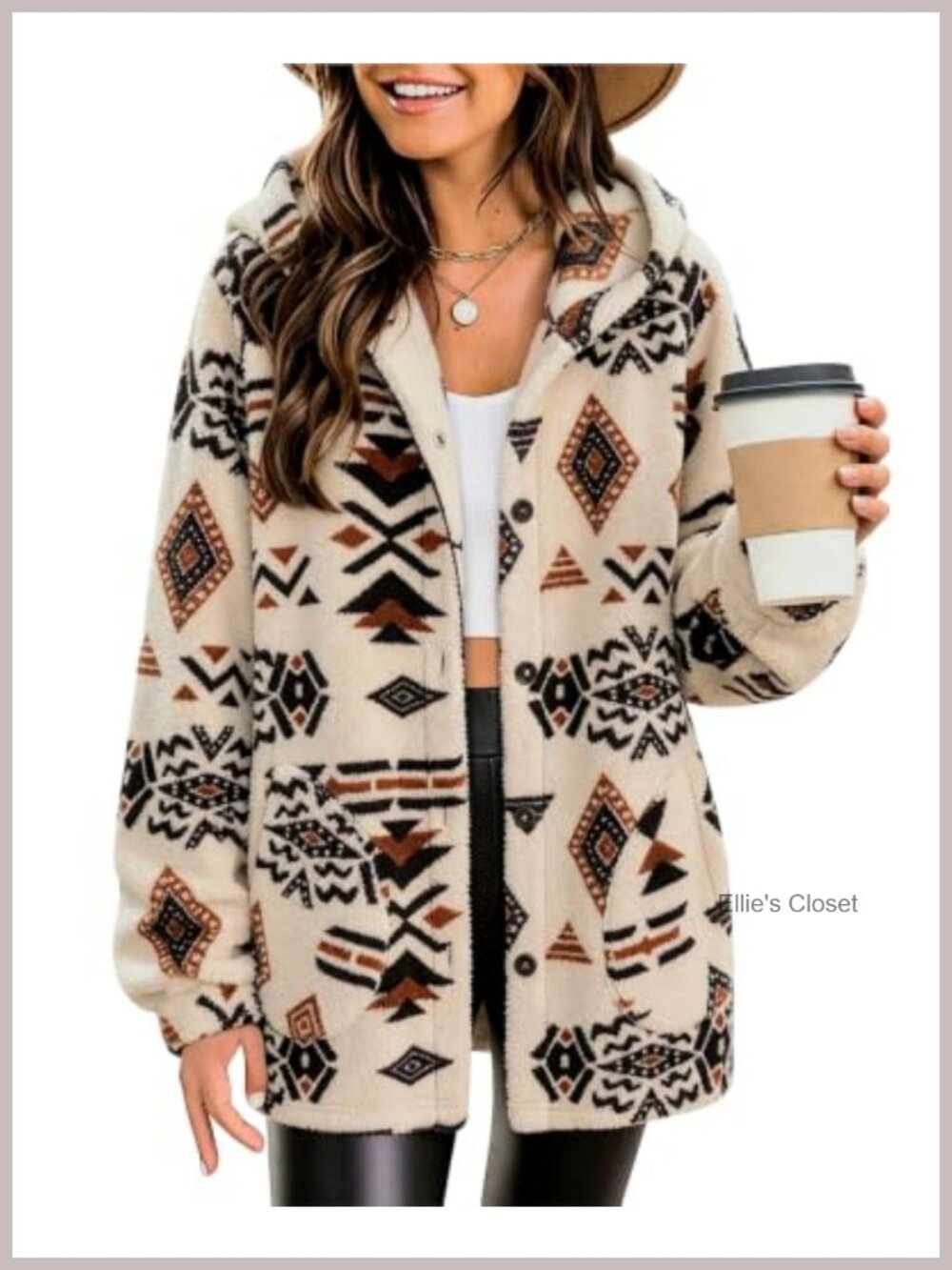 Women's Aztec Print Fleece Hoodie Jacket Button Down Sherpa Coats